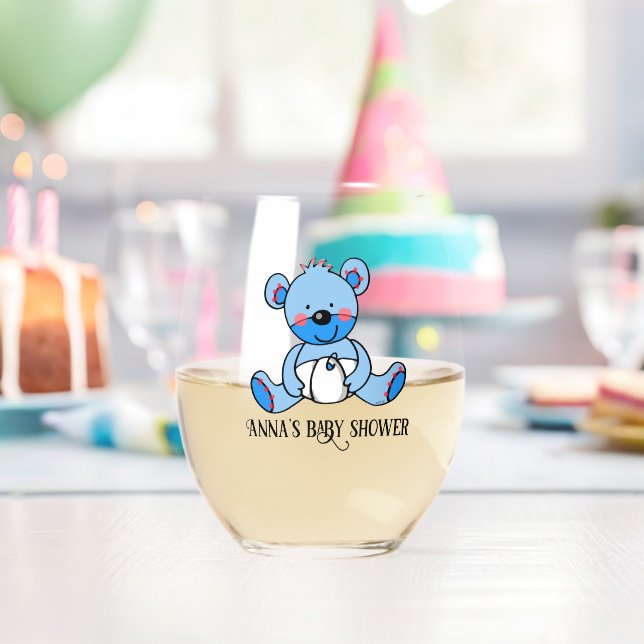 Blaue Teddy-Babydusche (Name) Trinkbehälter Set Weinglas Ohne Stiel (Insitu (Geburtstag))