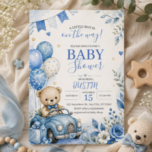 Blaue Teddybär-Autofahrt-Einladung zur Babyparty Einladung