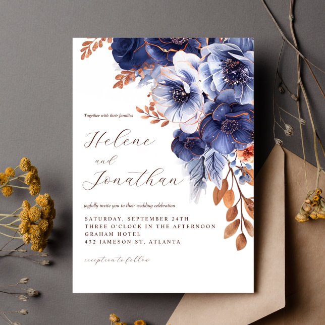 Blaue Terracotta Rost Floral Elegante Hochzeit Einladung (Navy Blue Terracotta Rust Floral Elegant Wedding Invitation)