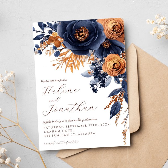 Blaue Terracotta Watercolor Elegante Hochzeit Einladung (Navy Blue Terracotta Watercolor Elegant Wedding Invitation)