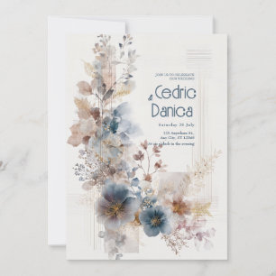 Blaue Terrakotta-Aquarell-Gold-Blumenhochzeit Einladung
