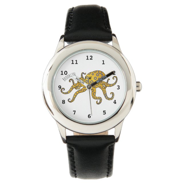 Blaue Tintenfisch-Cartoon-Abbildung Armbanduhr (Vorderseite)