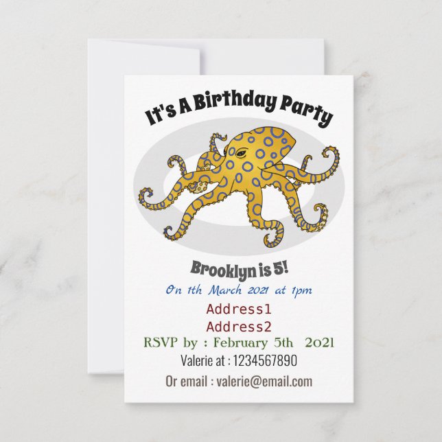 Blaue Tintenfisch-Cartoon-Abbildung Einladung (Vorderseite)