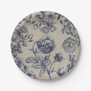 Blaue Toile-Blumenmuster im Vintage-Stil Pappteller