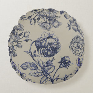 Blaue Toile-Blumenmuster im Vintage-Stil Rundes Kissen