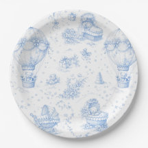 Blaue Toile de Jouy Baby Shower Papierplatten