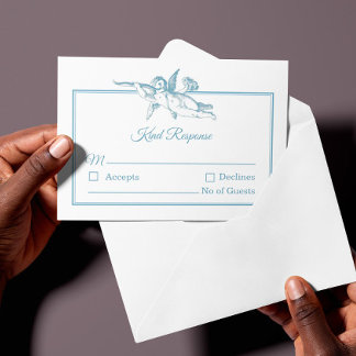 Blaue Toile de Jouy Cherub Hochzeit RSVP Karte