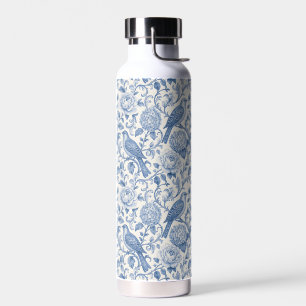 Blaue Toile de Jouy französische Blumenvogel-Muste Trinkflasche