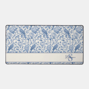 Blaue Toile de Jouy-Monogramm-Blumenmuster Schreibtischunterlage