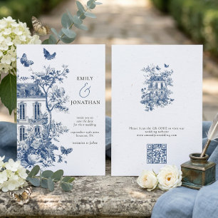 Blaue Toile De Jouy QR Hochzeit Save the Date