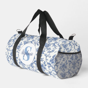 Blaue Toile Französisches Monogramm Name Florales Duffle Bag