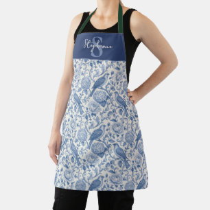 Blaue Toile Französisches Monogramm Name Florales  Schürze