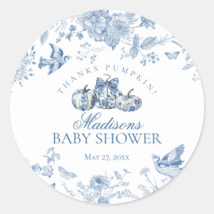 Blaue Toile-Kürbis-französische Herbst-Baby-Party- Runder Aufkleber