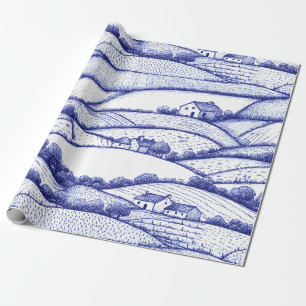Blaue Toile-Landschaft Französische Pastoralsszene Geschenkpapier
