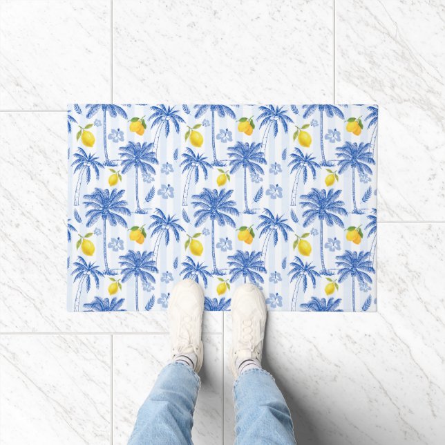 Blaue Toile-Palmen Zitronen  Fußmatte (Indoor)