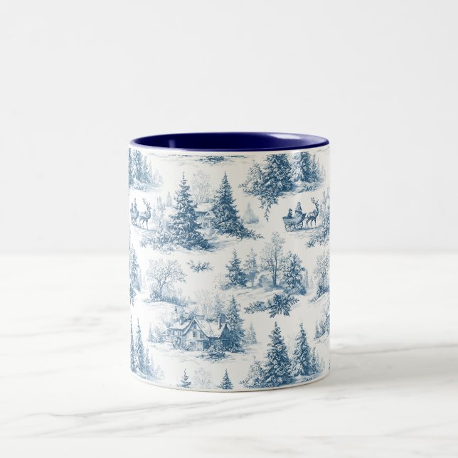 Blaue Toile-Weihnachtsmuster  Zweifarbige Tasse (Mittel)