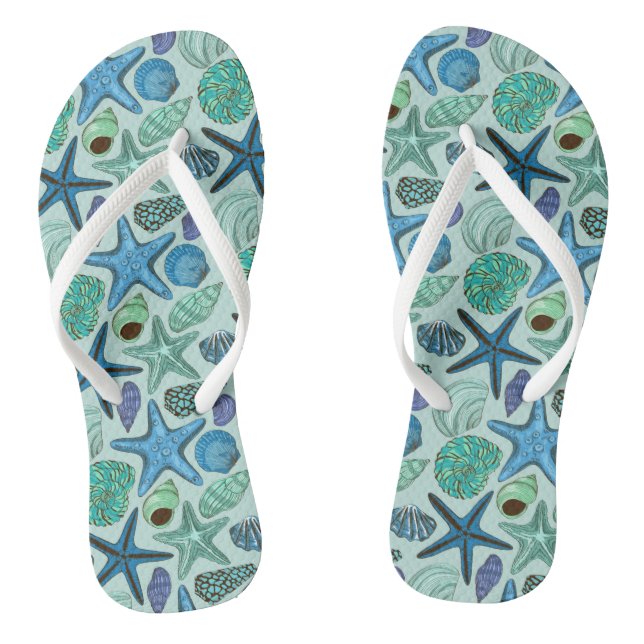 Blaue Töne Muscheln Und Seestern Muster Flip Flops (Fußbett)