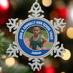 Blaue Track & Field-Foto-Hochschulsportlerin Schneeflocken Zinn-Ornament