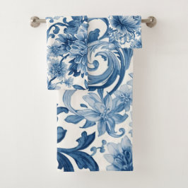 Blaue Träume | Florale Aquarell-Chinoiserie Badhandtuch Set