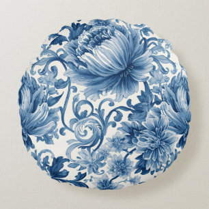 Blaue Träume   Florale Wassermalerei Chinoiserie Rundes Kissen
