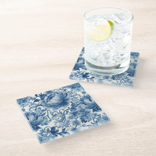 Blaue Träume   Florale Wassermalerei Chinoiserie W Glasuntersetzer