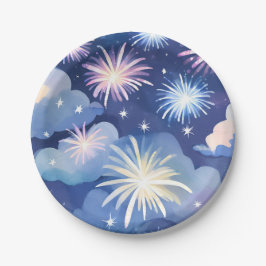 Blaue Träumende Wolken | Feuerwerk Sterne Wasserfa Pappteller