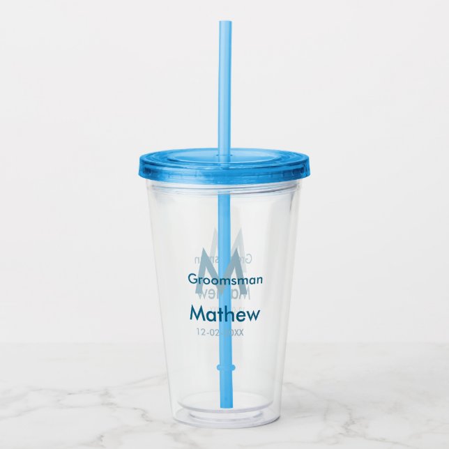 Blaue Trauzeuge mit Namensbuchstaben männlich pro Acryltrinkbecher (Vorderseite)