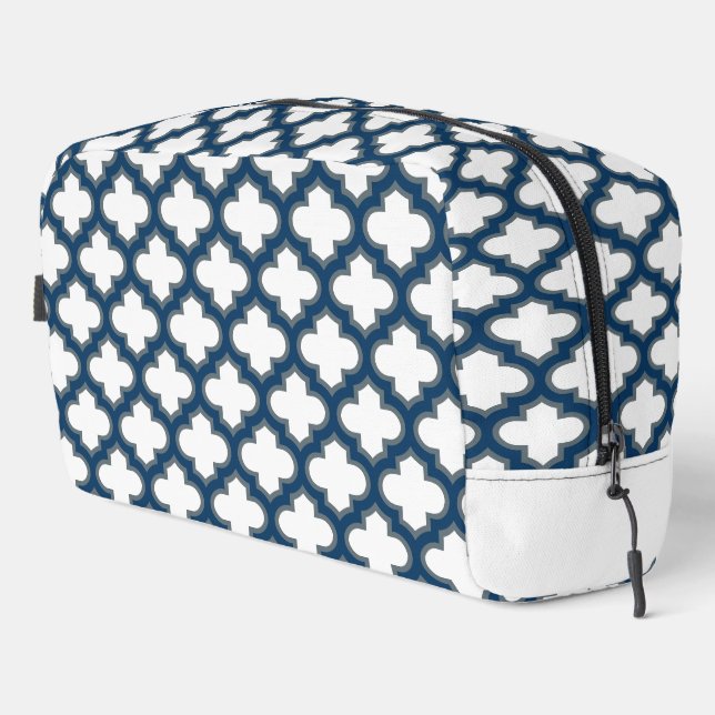 Blaue Trellis, Gitter, Quatrefolie Waschbeutel (Rechte Ecke)