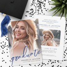 Blaue trendige Schrift Graduiertenfoto Abschlussfe