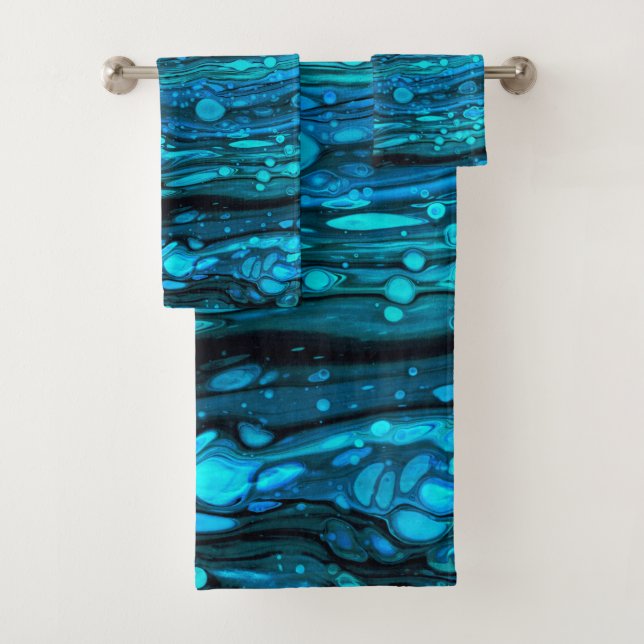 Blaue Tropfen Akryllische Pouring Abstrakter Fluid Badhandtuch Set (Insitu)