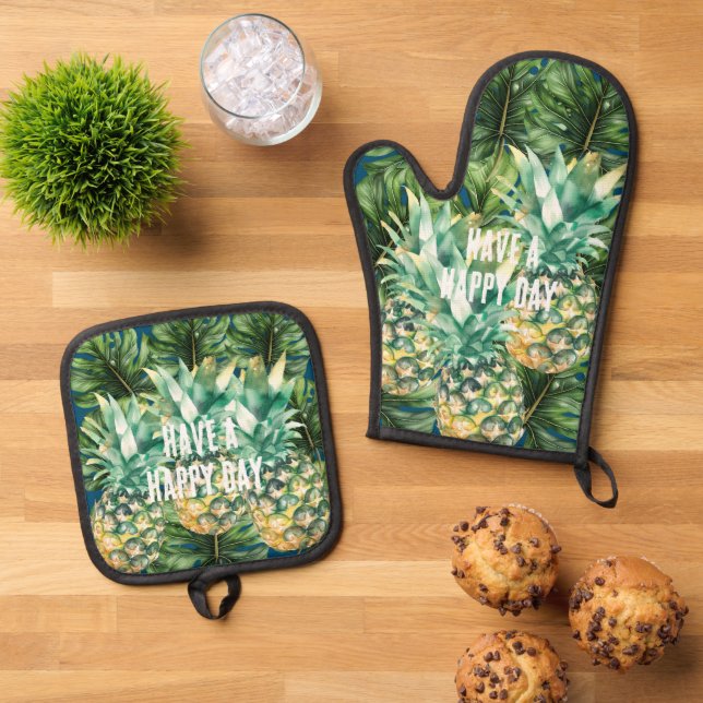 Blaue tropische Blätter Ananas Ofenhandschuh & Topflappen-Set (Oben Unten)