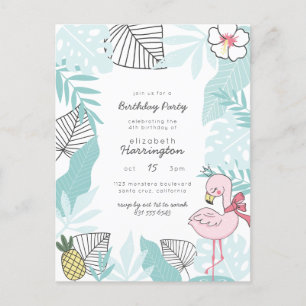 Blaue tropische Blätter   Flamingo Birthday Party Einladungspostkarte