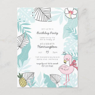 Blaue tropische Blätter | Flamingo Birthday Party Einladungspostkarte