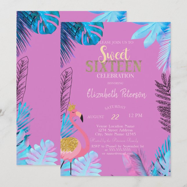 Blaue tropische Blätter Flamingos Pink Sweet 16 Einladung (Vorne/Hinten)