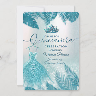 Blaue tropische Blätter Glitzer Tiara Quinceañera Einladung