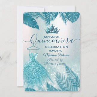Blaue tropische Blätter Glitzer Tiara Quinceañera Einladung