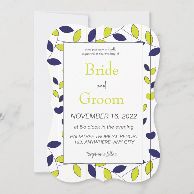 Blaue tropische Blätter Hochzeit Einladung (Vorderseite)