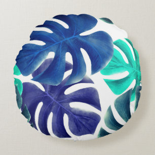Blaue tropische Blätter Sommer-Vibes Rundes Kissen