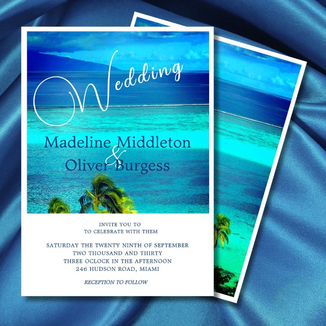 Blaue tropische Hochzeit in Urlaubsort Einladung (Von Creator hochgeladen)