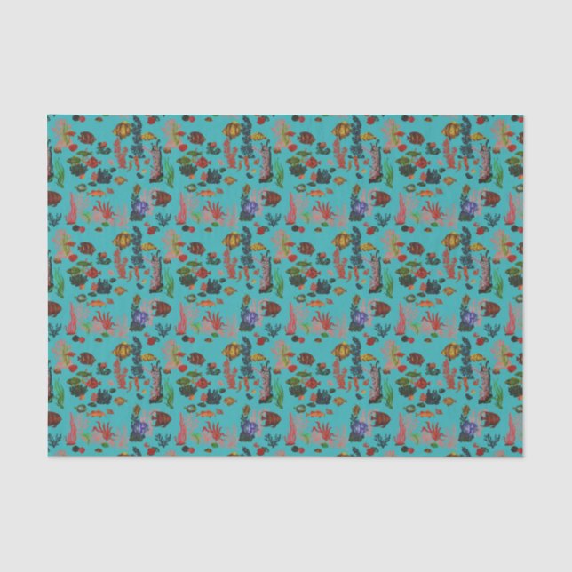 Blaue tropische Meereswelt Paradies Wasserfarbe Seidenpapier (Vorderseite)