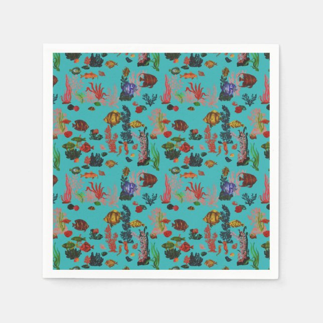 Blaue tropische Meereswelt Paradies Wasserfarbe Serviette (Vorderseite)