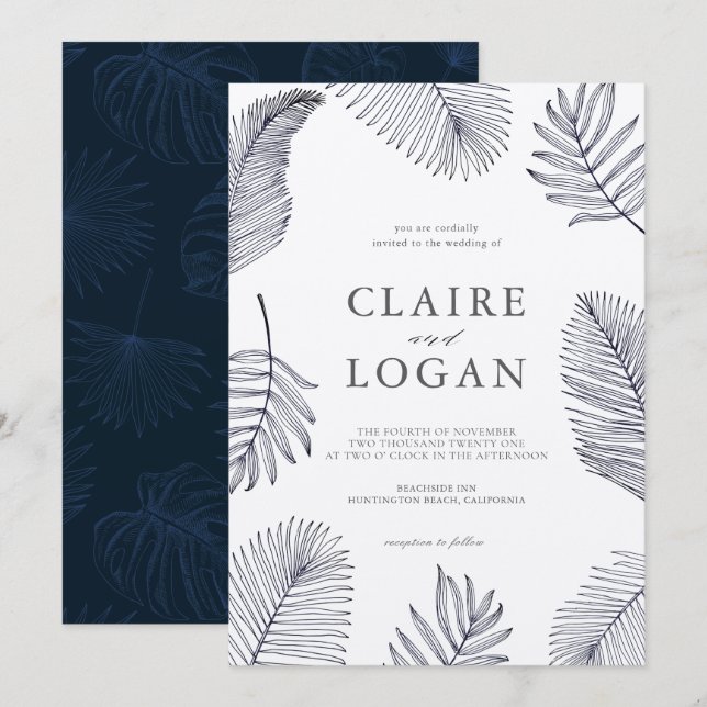 Blaue tropische Palmen Blätter Hochzeit Einladung (Vorne/Hinten)