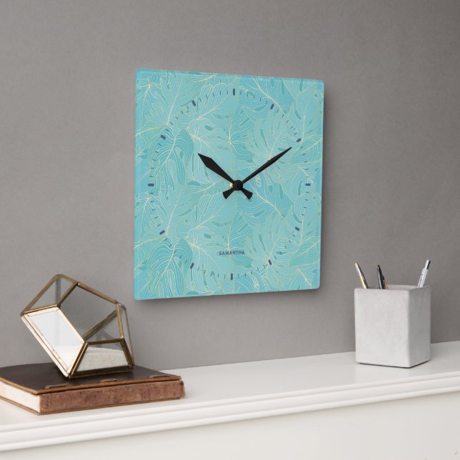 Blaue tropische Palmen-Blätter Quadratische Wanduhr (Büro)