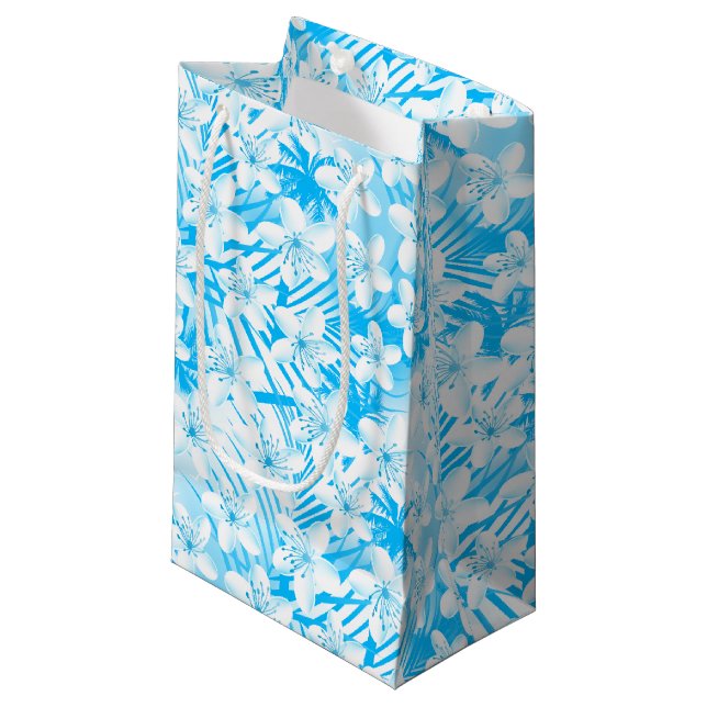 Blaue tropische Palmen Kleine Geschenktüte (Vorderseite Schrägansicht)