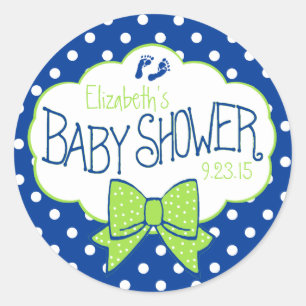 Blaue Tupfen und grüne Bogen-Babyparty Runder Aufkleber