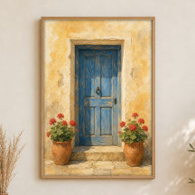 Blaue Tür mit Geranientöpfen Aquarell Poster