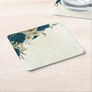 blaue Türkis-Beige-Blumen Botanische Hochzeit Rechteckiger Pappuntersetzer