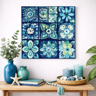 Blaue Türkis Florale Fliesen Mandala Aquarell Wand Poster
