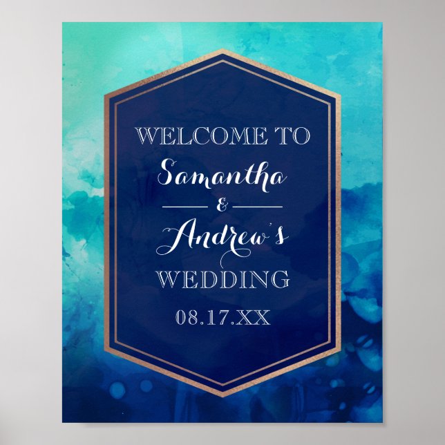Blaue Türkis Goldbrasse Hochzeit Poster (Vorne)