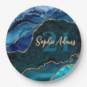 Blaue, Türkis- und Gold-Glitter-Pfauenachat-Geburt Pappteller